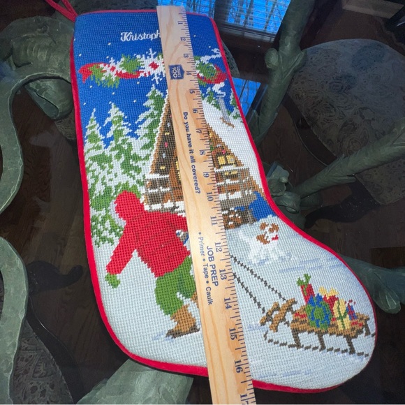 L L Bean Needlepoint Christmas Stocking Snow Cabin Sled "Kristopher" Embroidery - Picture 6 of 6